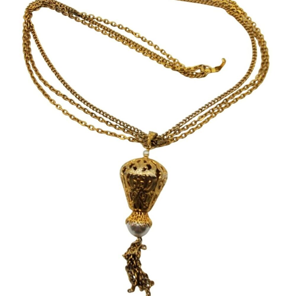 Celebrity Faux Pearl Pendant Necklace Gold Tone Triple Chain Tassel Filigree Vtg